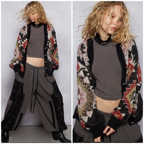 POL Sweaters - 043 🎁🛍️ POL The Cinderpetal (1) Multicolor Geometric Cardigan In Black Multi